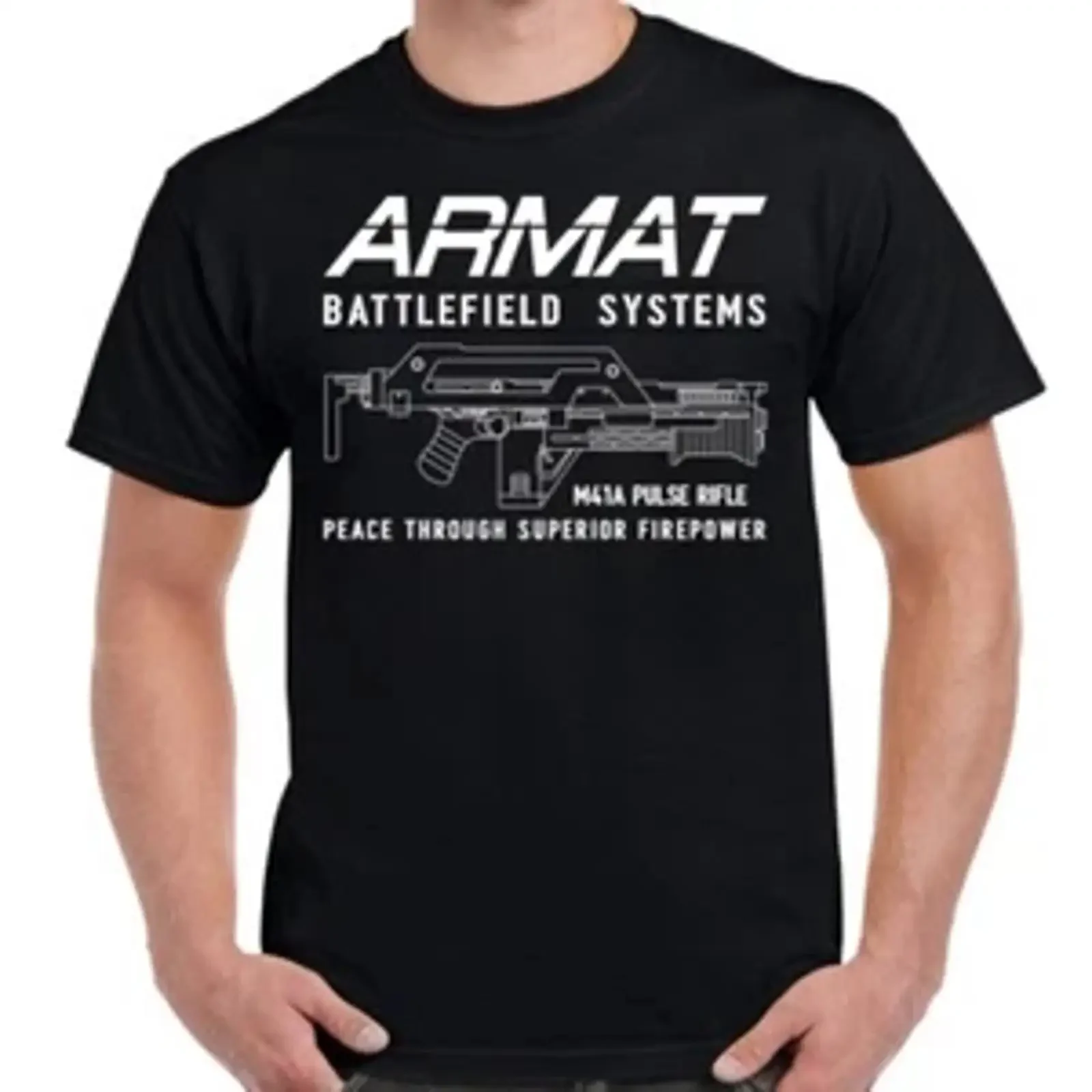 Фото Футболка Armat Systems M41A Pulse Rifle с логотипом, винтажная, с эффектом потертости, дизайнерская, дышащая, комфортная, унисекс, эластичная №1