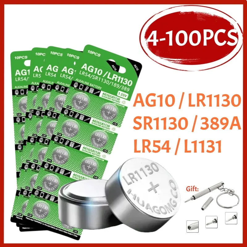 Фото 4-100 шт. LR1130 AG10 189 389 LR54 RW89 L1131 Батарейки-таблетки для часов, игрушек, дистанционного управления SR1130SW AG 10-элементная щелочная батарея с монетами №1