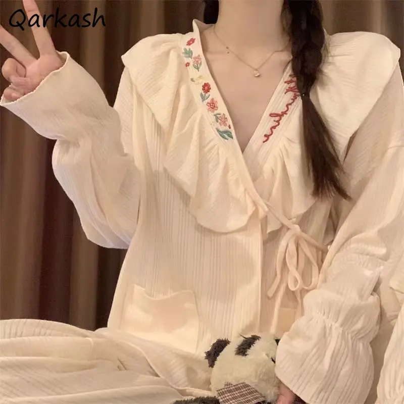 

Pajama Sets Women Autumn V-neck Sweet Girls Simple Flower Loose Casual Korean Fashion Sleep Homewear Soft Lace-up Night Harajuku