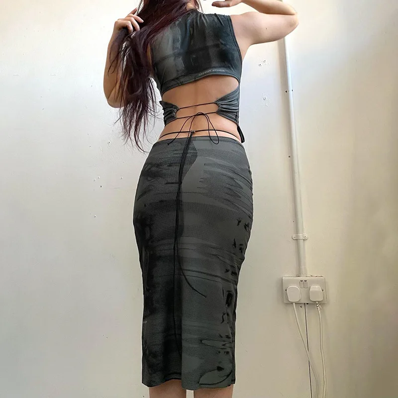 

Summer Clothes Set Dress Sexy Sleeveless Crop Top Print Pencil Skirt Elastic Y2k Bodycon Women Casual High Street Vestido