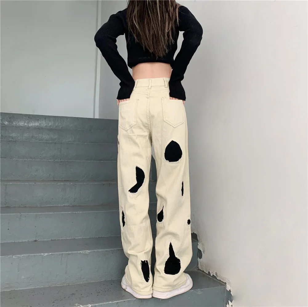 Hip-hop Jeans Y2k American High Street Embroidery Patch Cat Whisker Straight Jeans Men And Women Design Sense Oversize Trousers