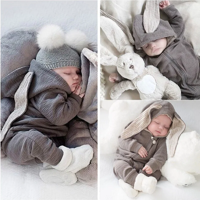 

Newborn Baby Clothes Big Ears Bunny Hooded Romper Solid Zipper Long Sleeve Jumpsuit Cute Thin Cotton Bodysuit bebe mamelucos