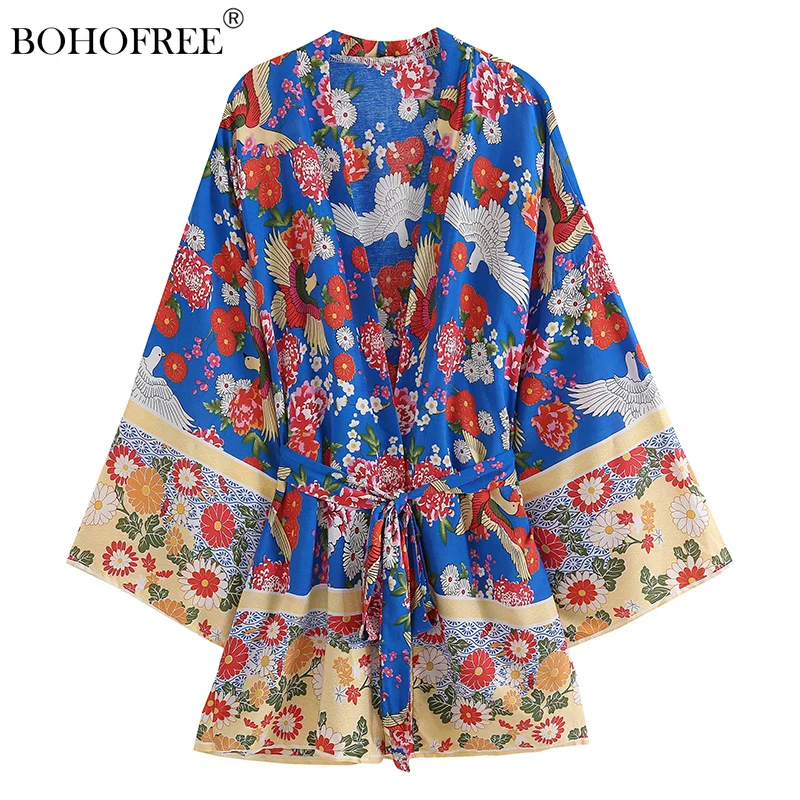 

Vintage Boho Peacock Birds Print Capes Sahses Bohemian Rayon Cotton Short Robes Boho Kimono Cover Ups Blusas Botanical Cover Up