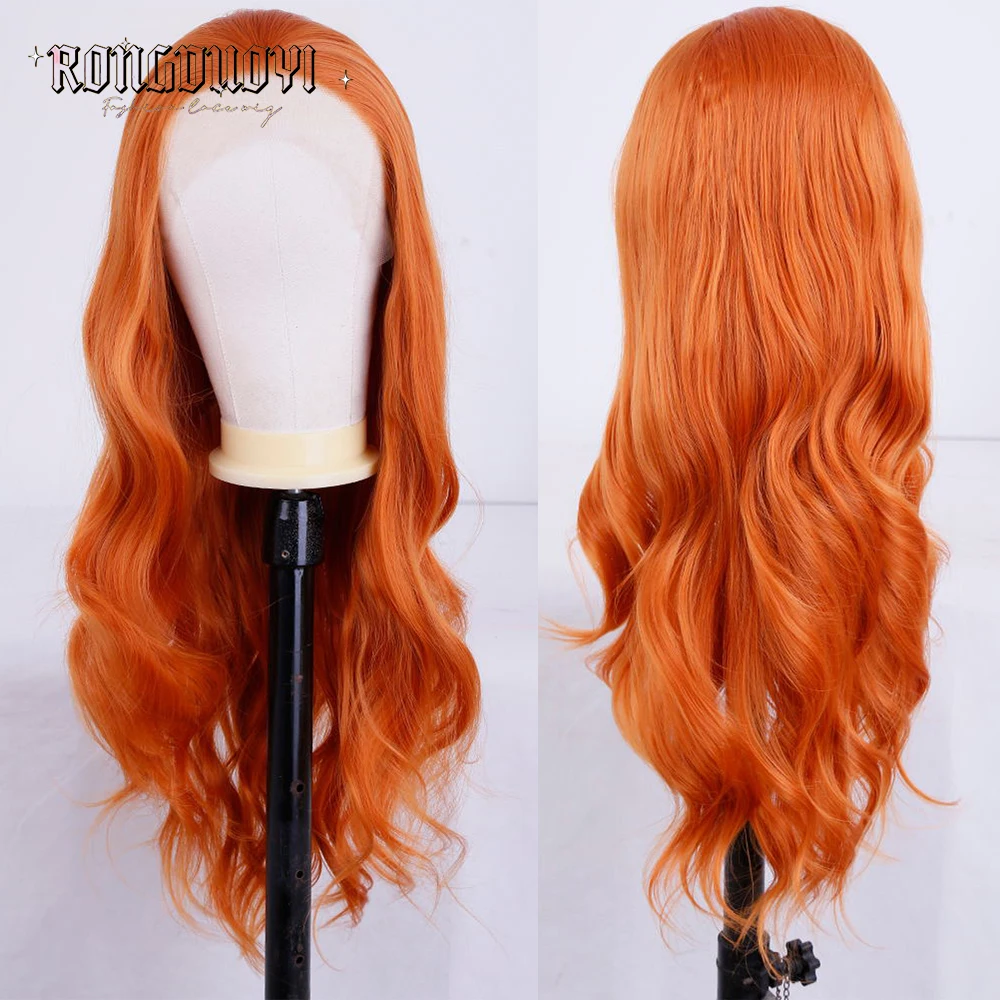 Оранжевый волнистый парик Синтетические кружевные парики для женщин Длинный