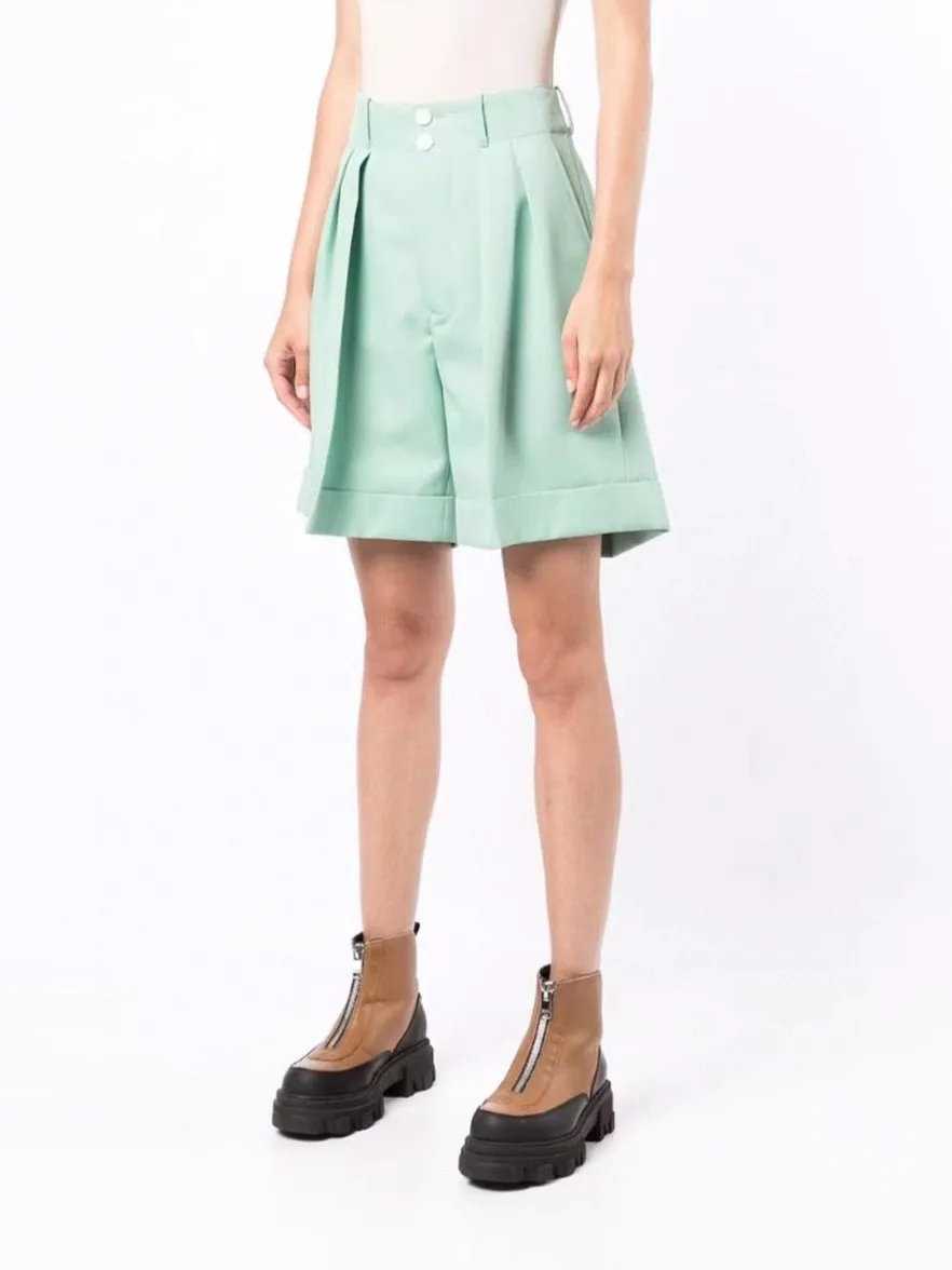 

Pla*C summer women shorts 100%polyester multi color wide leg high waist half length pocket button fly