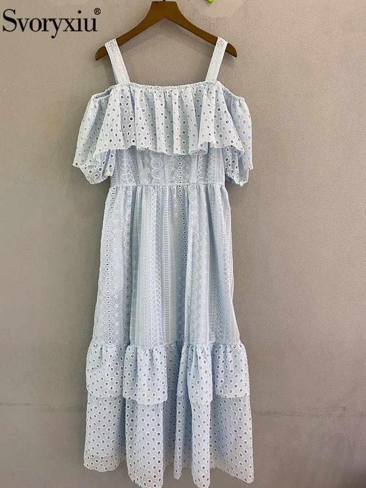 

Svoryxiu Summer Runway Designer Solid Spaghetti Strap Gorgeous Midi Dress Women's Slash neck Hollow Out Ruffles Minimalist Dress