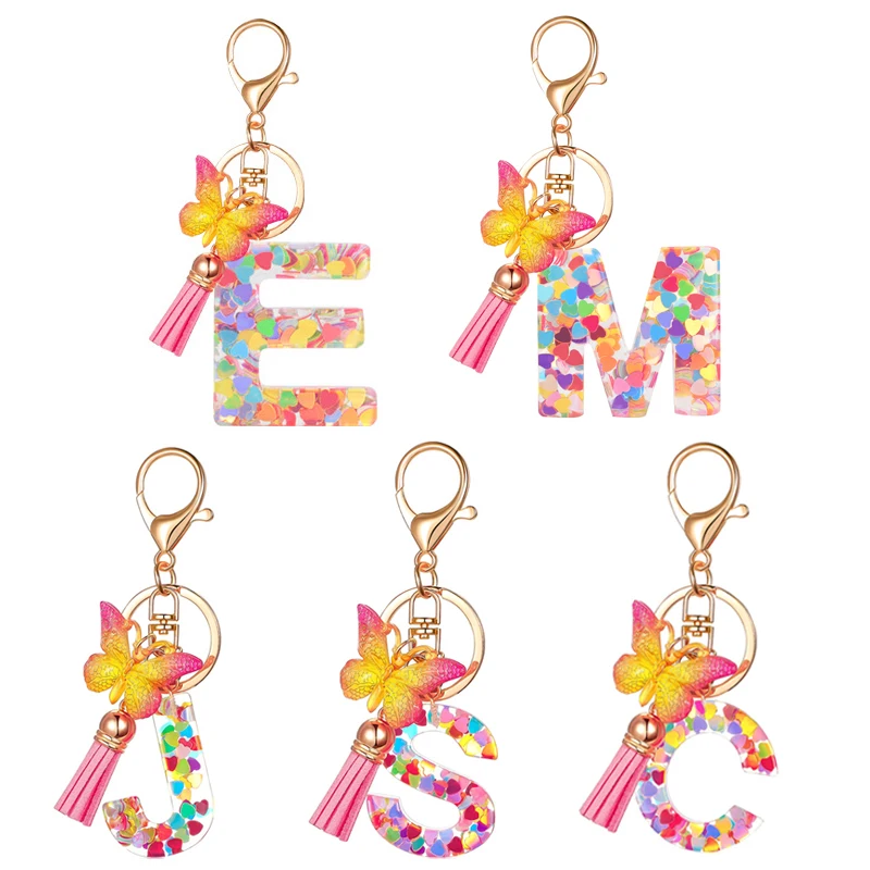 

Acrylic Butterfly Letter Keychains English Alphabet Crystal Women Key Chains Ring Tassels Keyring Holder Pendent Gift Accessory