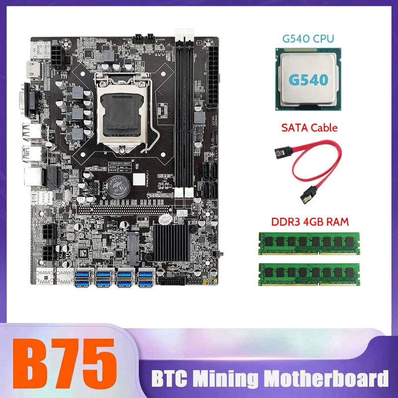 

B75 BTC Mining Motherboard 8XUSB+G540 CPU+2XDDR3 4G RAM+SATA Cable LGA1155 B75 USB Miner Motherboard