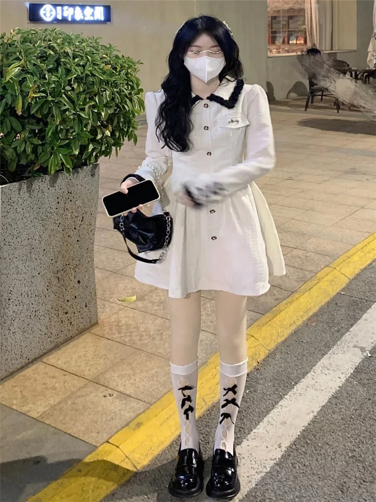 

Celebrity Lady Long Sleeve Elegant White Mini Dress Fall Winter Fashion Doll Collar Single Breast Elegant A Line Bottoming Dress