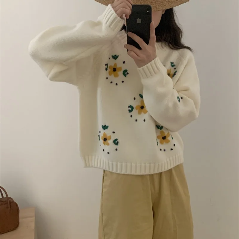 

Женский вязаный свитер с цветочным узором, серый, белый, хаки, вязаный крючком свитер на осень и зиму