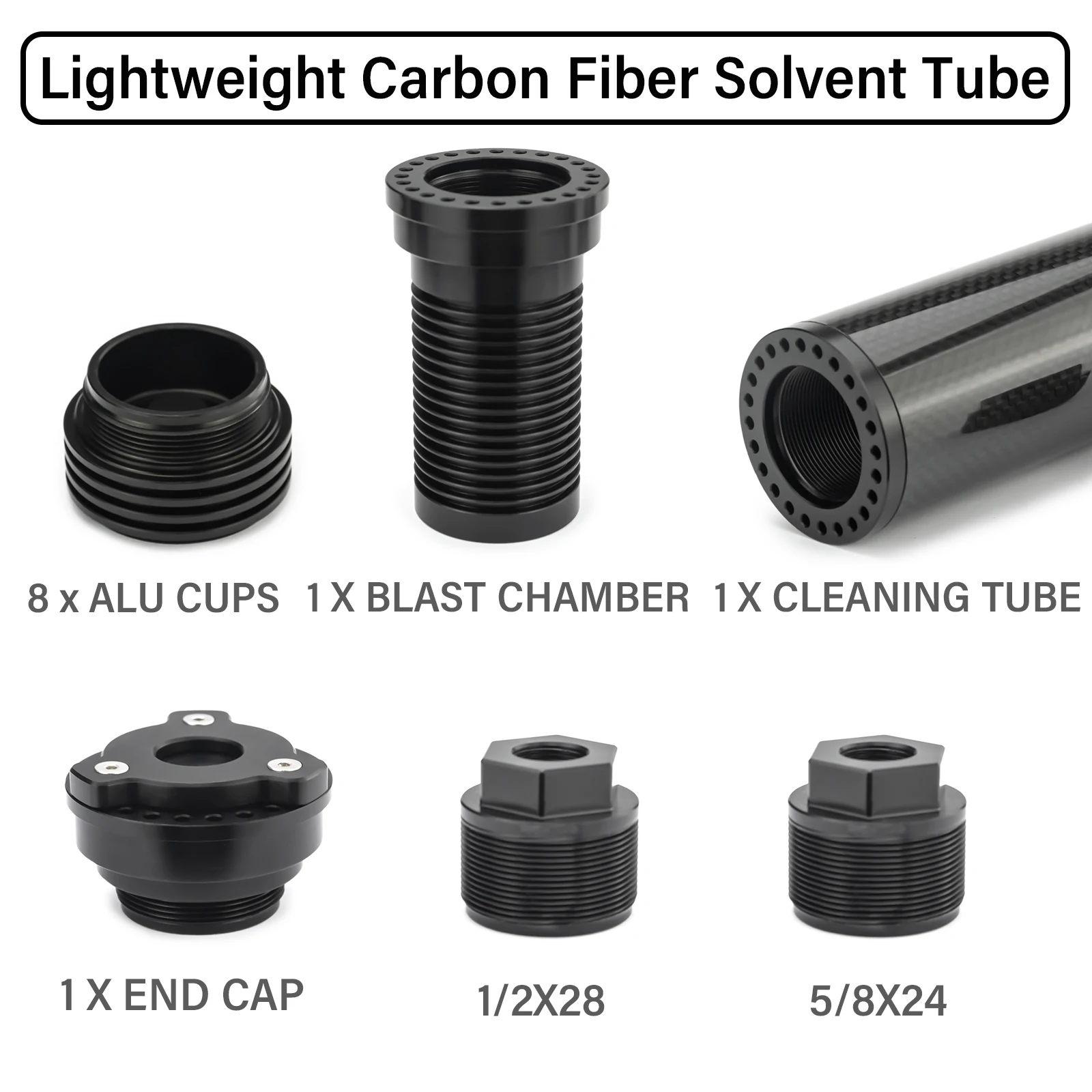 

1.85"OD 8.85"L Super Lightweight Carbon Fiber Cool Core MST Modular Solvent Tube Filter,8x Aluminum Cups 1/2x28+ 5/8x24 End Caps