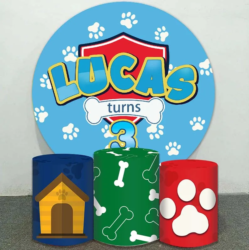 

Cartoon Bithday Party Round Background Dog House Bone Blue Sky Paw Baby Shower Custom Photography Circle Backdrop Covers Pliths