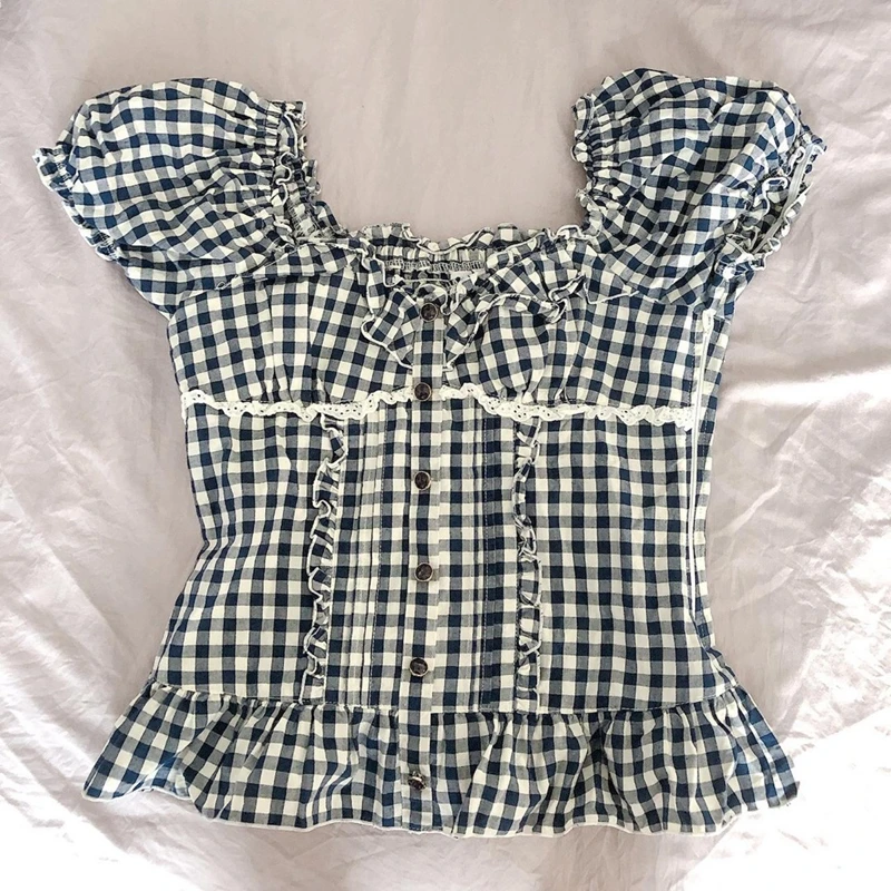 00s 90s Vintage Plaid T-shirt Y2K Aesthetic Kawaii Lace Frill Low Cut Milkmaid Top Fairycore Retro Cropped Tees Women Clothes