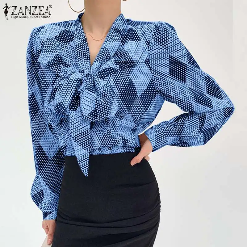 

Spring Autumn OL Elegant Blouse ZANZEA Vintage Printed Shirt Casual Long Sleeve Chemise Oversized Women Fashion Bow V Neck Tops