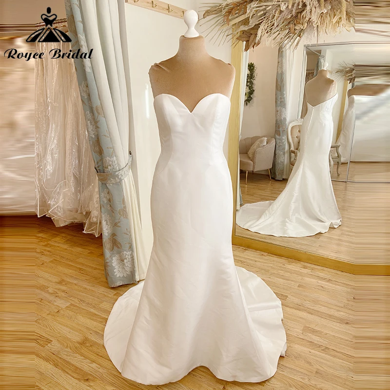 

Simple Sexy Sweetheart Sleeveless Backless Button Elegant Mermaid Wedding Dresses Satin Bridal Gowns Sweep Boho vestido de noiva