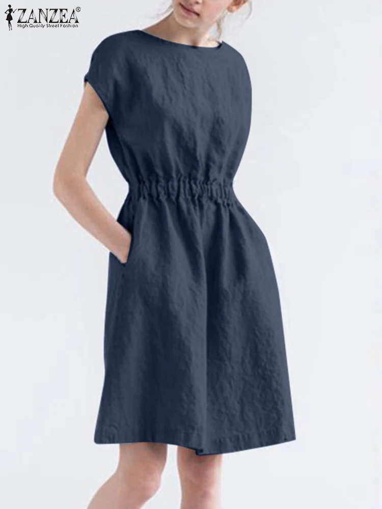 

ZANZEA Summer V-Neck Slim Waist Dresses Women Solid Mini Dress Knee Length Sundress Fashion Elegant Casual Work OL Robe 2023