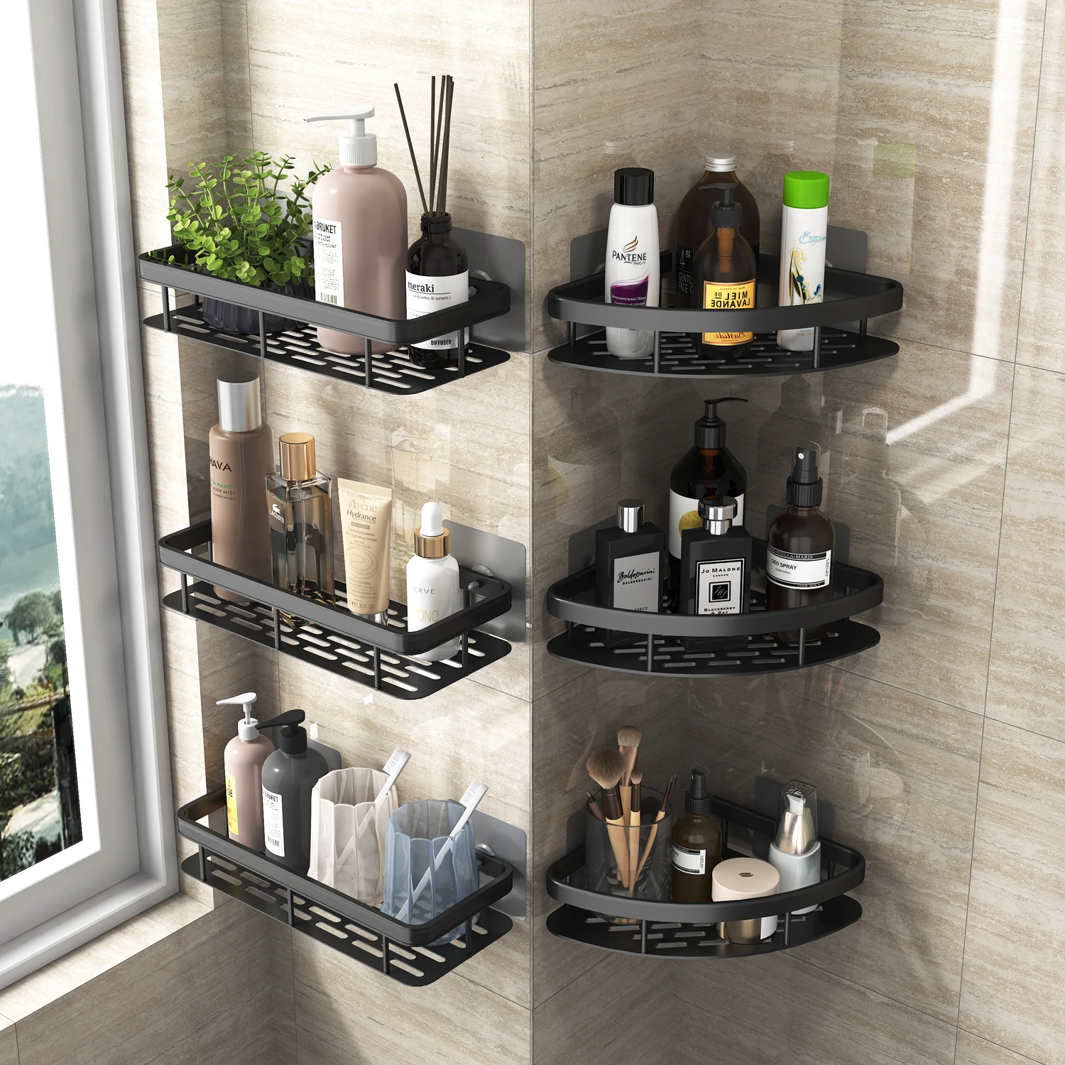

Wall Mounted Storage Shelves No-drill Bathroom Shelves Shampoo Bath Lotion Organizer Bathroom Accessories