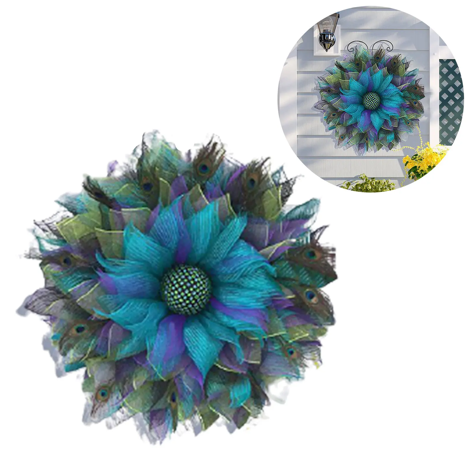 

Венок с узором павлина, украшение с голубым павлином, сетчатый венок для Хэллоуина, уличное украшение, украшение для дома, подарок на новосе...