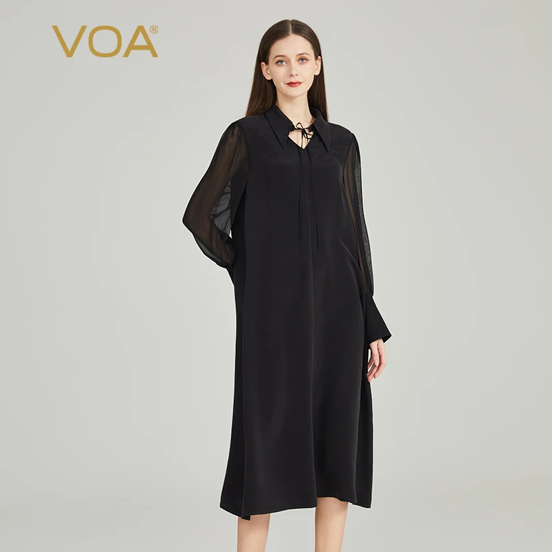 

Женское шелковое платье VOA, белое шелковое платье с длинным рукавом и отложным воротником, модель AE1982