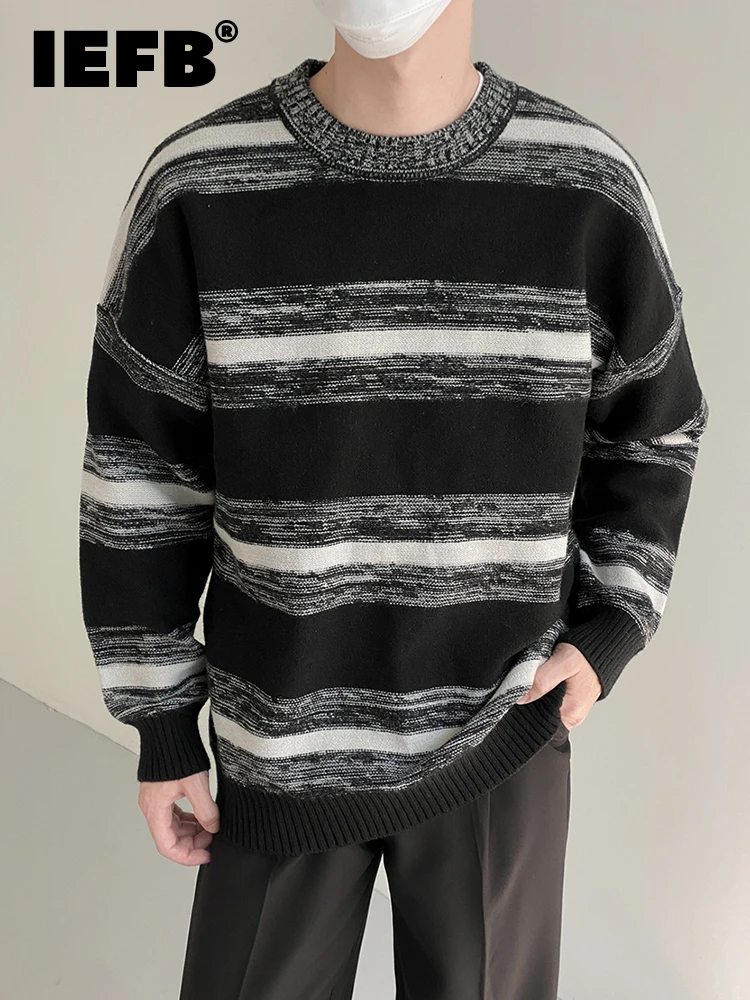 

IEFB Autumn Winter Korean Stripe Pullover Men Sweater Loose Casual Round Neck 2022 Long Sleeve Fashion Male Tops 9A5364
