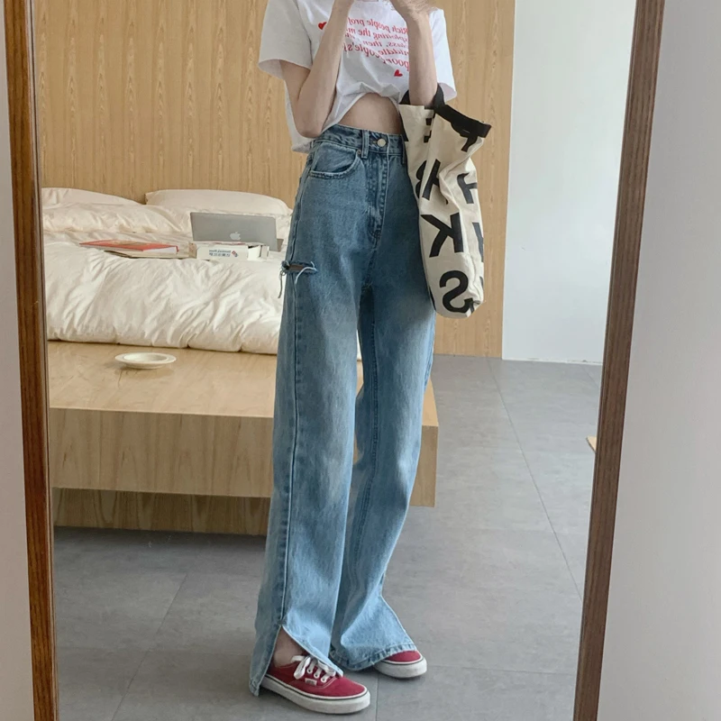 

DD1869 Straight-leg jeans women's new high-waisted thin all-match wide-leg ripped hole split mopping pants jeans