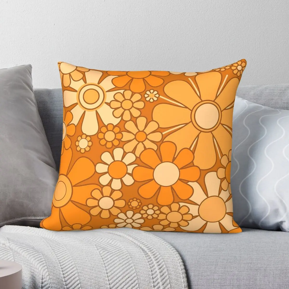 Фото Наволочка квадратная Sunny Orange Marigold Ochre из полиэстера, льна и бархата с узором, на молнии, декоративная, для подушки, чехол для кровати №1