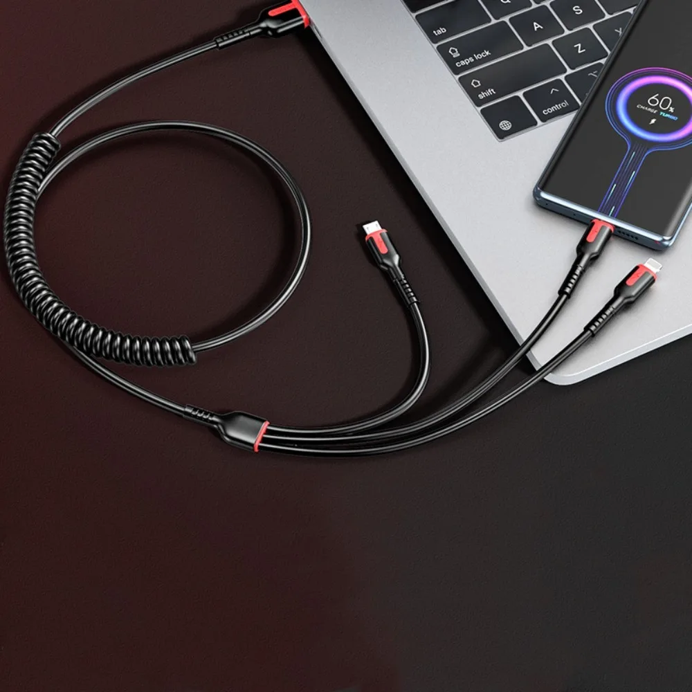 

Super Fast Charging Type-C IOS One Drag Three Telescopic Data Cable 3 In 1 Charging Line 3 In 1 Charging Cord Spring Data Cord