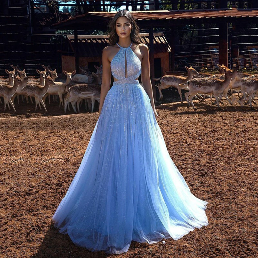 

Blue Halter Neck Glitter Evening Dress A-Line Sexy Backless Party Formal Gowns Long Night Prom Dresses