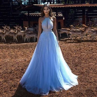 blue halter neck glitter evening dress a line sexy backless party formal gowns long night prom dresses
