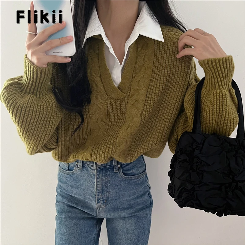 

Женский трикотажный пуловер с длинным рукавом, свободного кроя