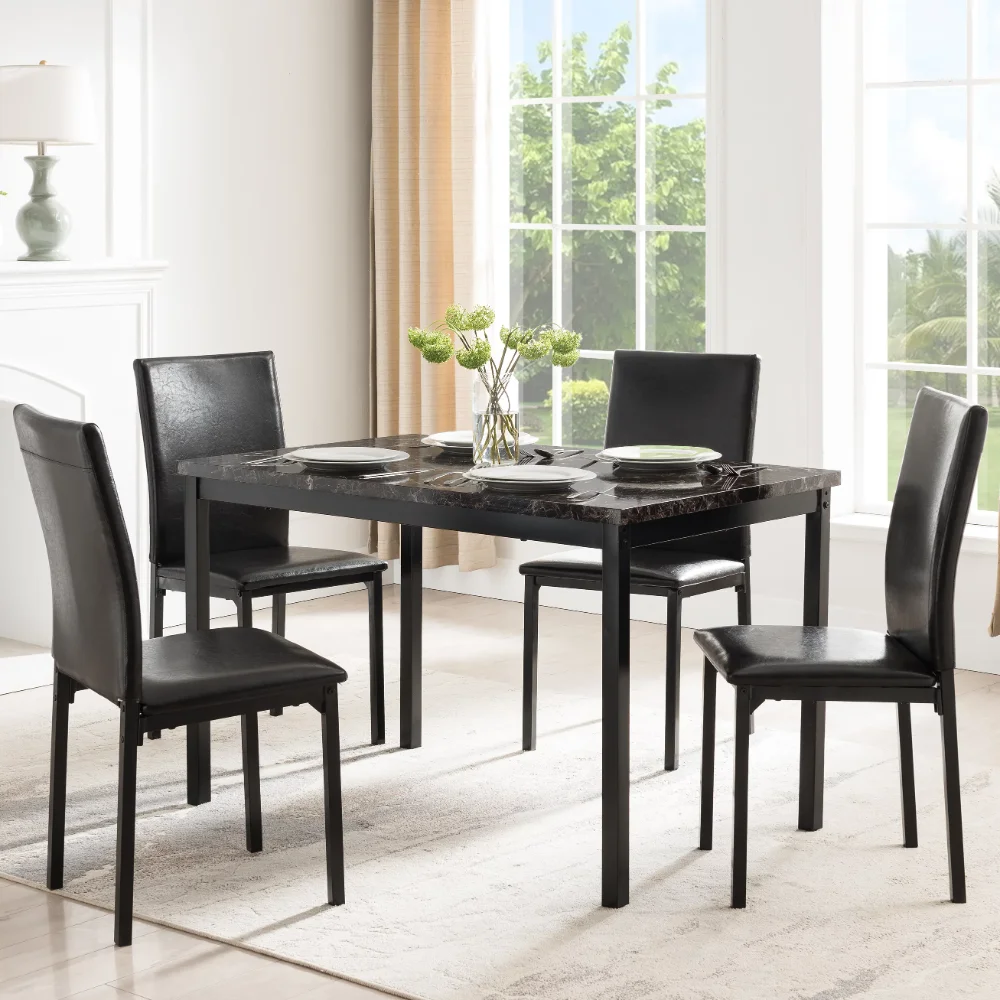 

5 Piece Dining Set, Faux Marble Table Top and 4 PU Chairs, Brown and Black Color, Set of 5, Include 1 Table and 4 Chairs