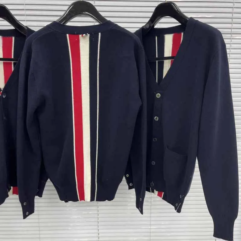 TB Men Sweater Luxury Brand Back RWB Striped Design Knitted Cardigan Dark Blue Vintage Business Causal Korean Chic Sweater