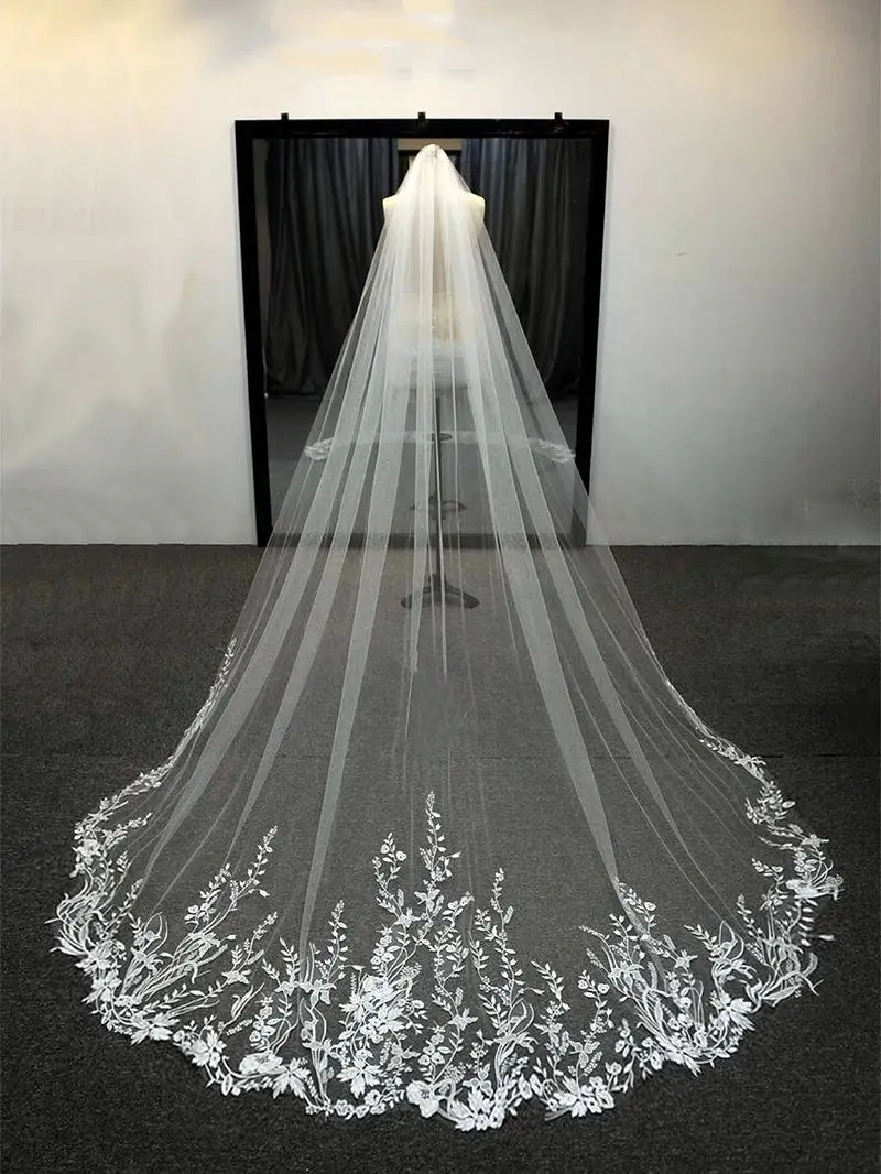 

In Stock Applique Cathedral Wedding Veil With Comb Soft Tulle Bridal Accessories Long 3M/3.5M Customize Velos De Novia
