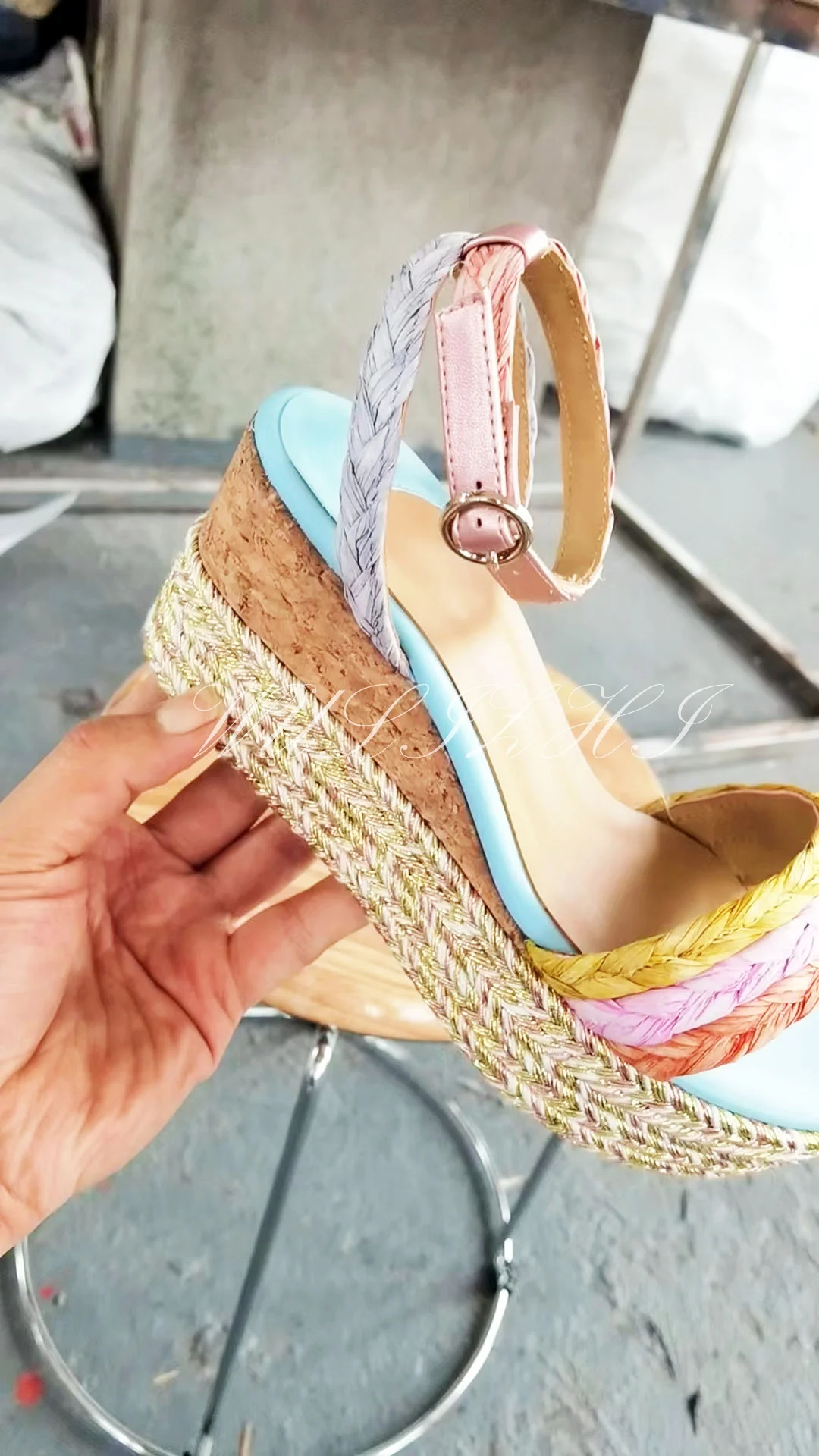 Women Rainbow Espadarille Low Wedge Sandals Open Slingback Buckle Glossy Heels Straw Hollow Bling Riband Casual Mixed Color Shoe