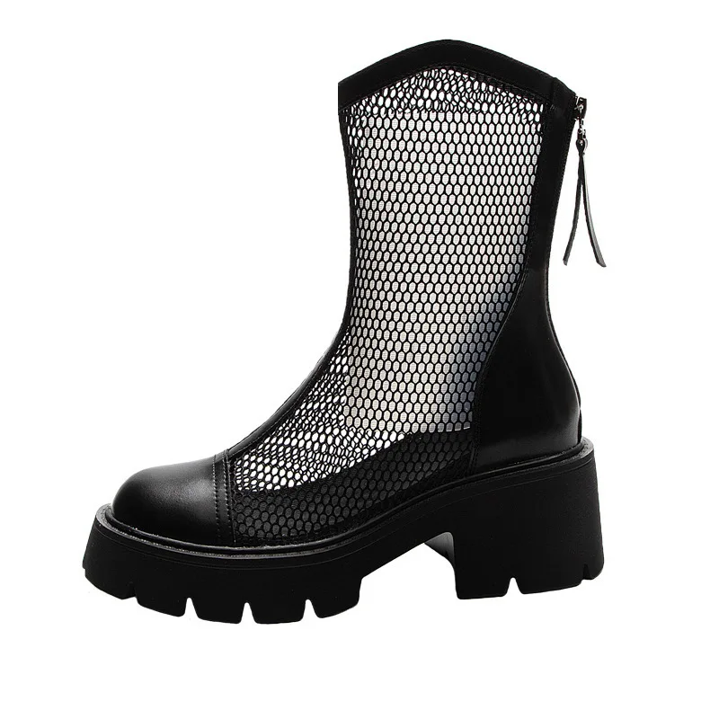 

6.5cm Genuine Leather Square Heel Platform Boots Wedge Air Mesh Women Summer Shoes Zip Slip on Women Summer Boots Ankle
