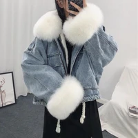 zity winter parka women denim jacket artificial fox fur collar warm thick padded coats loose jean jakcets female streetwear