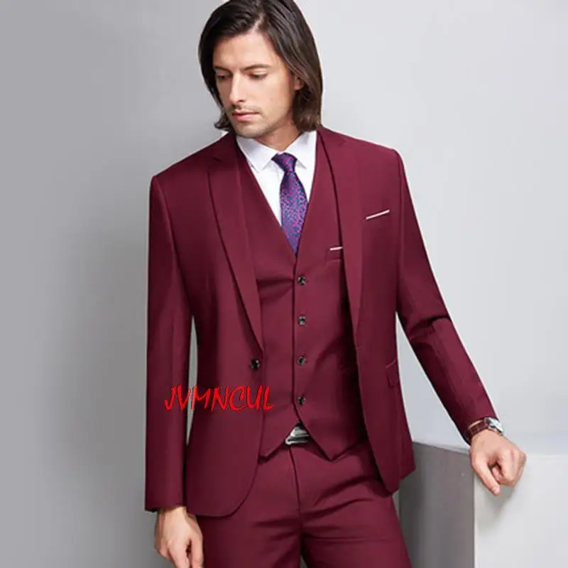 

Burgundy Men Suits Groomsman Blazer Trousers For Wedding Formal Occasion Man‘s Suits Slim Fit 3Pcs Suit Sets(Jacket+Pants+Vest)