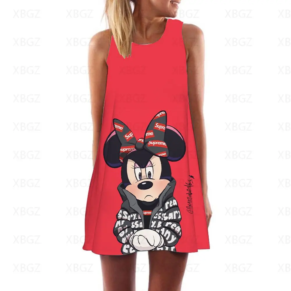 

Summer Dresses Woman 2022 Minnie Mouse Loose Women's Dress Print Mini Sundresses Boho Beach Sexy Mickey Disney Fashion Cartoon