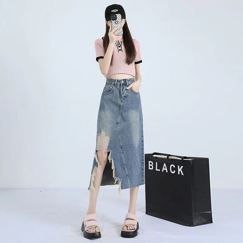 Женская джинсовая юбка в Корейском стиле рваная средней длины Харадзюку