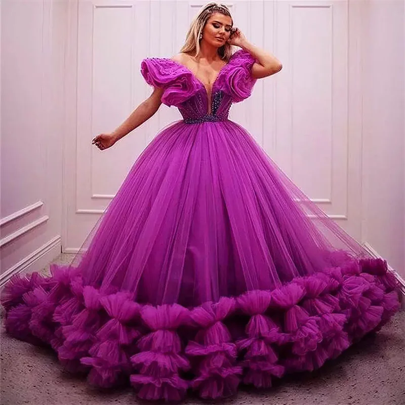 

Fashion Sweetheart Evening Dresses Beaded Prom Gowns Custom Made Layered Ruffles Tulle Party Dresses