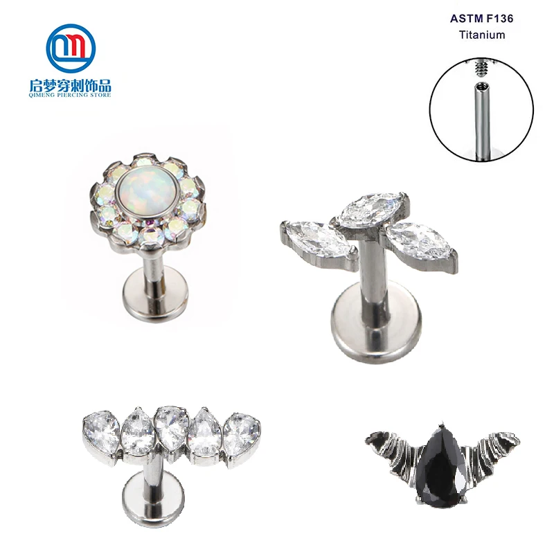 1 Lot 4 Pcs  ASTM F136 Internally Thread Titanium Labret Ring Earring Cartilage Body Piercing Jewelry