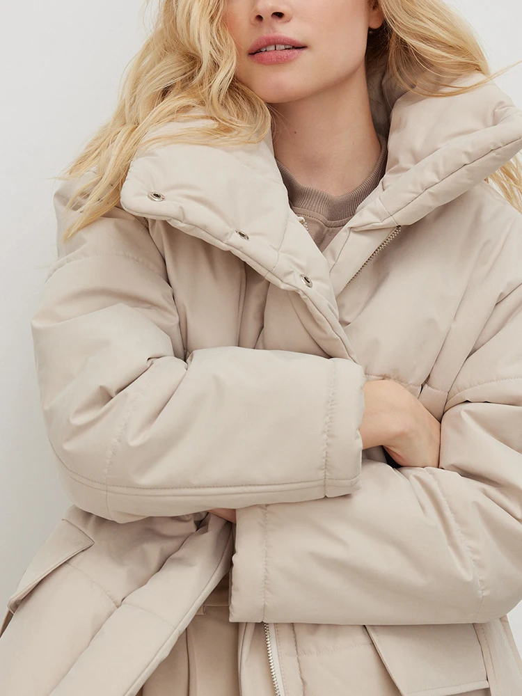 2022 Quilted Jacket Women Winter Loose Parkas Coat Vintage Belted Outwear Office Ladies Warm Cotton Puffer Jackets