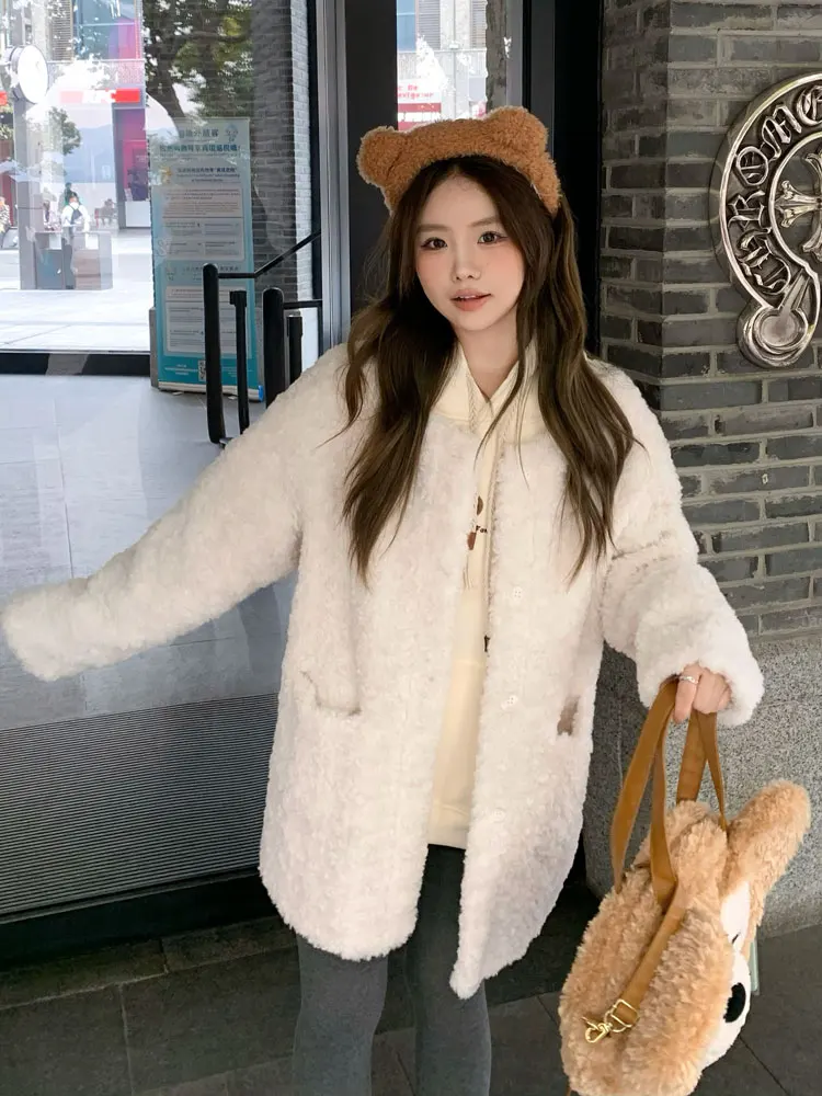 Верхняя одежда из овечьей шерсти женская зима 2024 популярная новая корейская