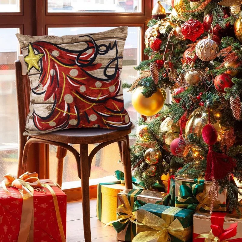 Красная рождественская елка наволочка с сеткой буйвола счастливый и яркий