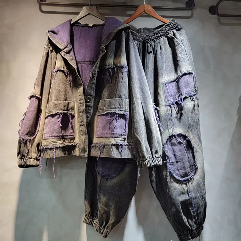 Женский джинсовый комплект из 2 предметов DEAT Свободное пальто с капюшоном