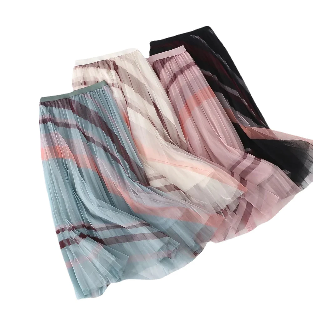 

Женская винтажная юбка с высокой талией, длинная Плиссированная юбка из тюля с геометрическим принтом, элегантная сетчатая трапециевидная юбка до середины икры в полоску, лето