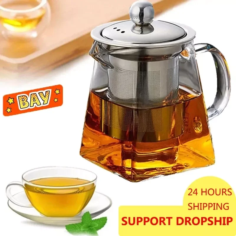 

Hot Heat Resistant Glass Teapot With Stainless Steel Infuser Heated Container Tea Pot Good Clear Kettle Square Filter Baskets