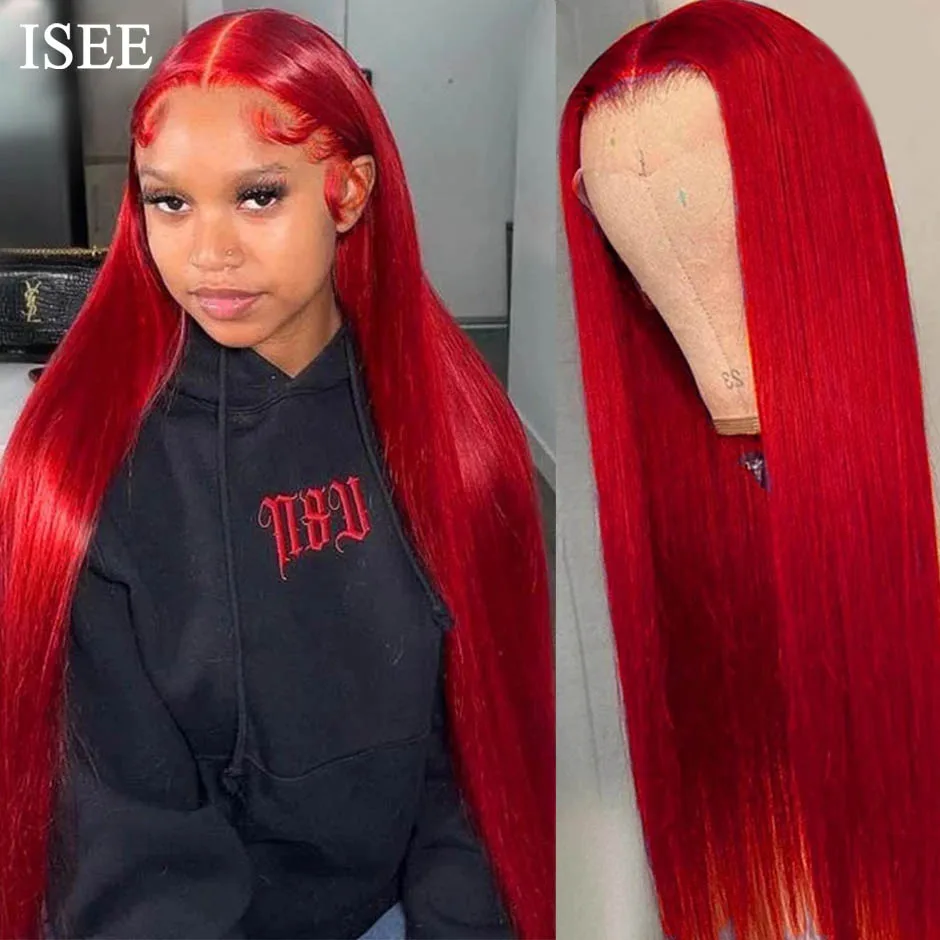 

Парик ISEE Hot Red Wig 13X4 HD на сетке спереди, парик из бразильских прямых волос на косточках, парик из 180% прямых человеческих волос спереди на сетке ...