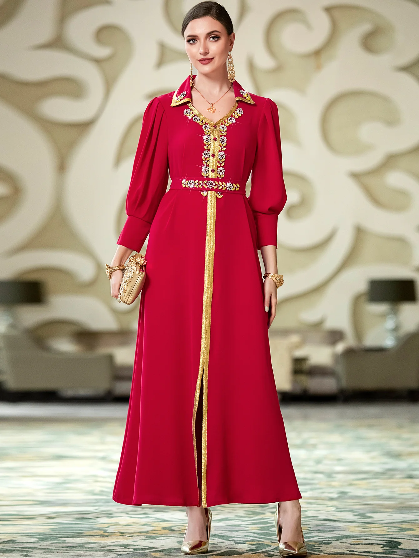 Women's Spring and Summer Muslim Little Turtleneck Fashion Flower Sewn Diamond Long Skirt Middle Eastern Dubai Arabite Dress