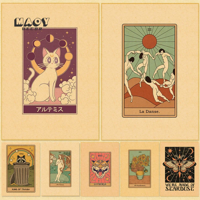 

Witchery Tarot Kraft Paper Frame Posters Prints Wall Art Pictures Witches Flower Animal Cat Tiger Painting Home Room Decoration